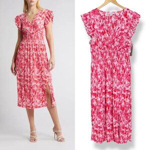 Chelsea28 Dress Flutter Sleeve Plissé Midi Dress NWT Pink Red Artful Petals‎ Lrg